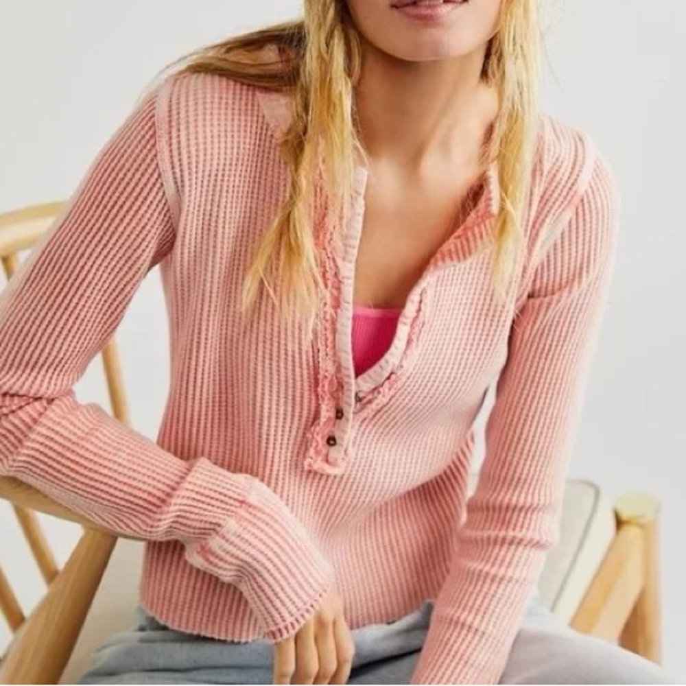 Free People One Colt Thermal Waffle Knit Pink Long Sleeve Top - Size Small